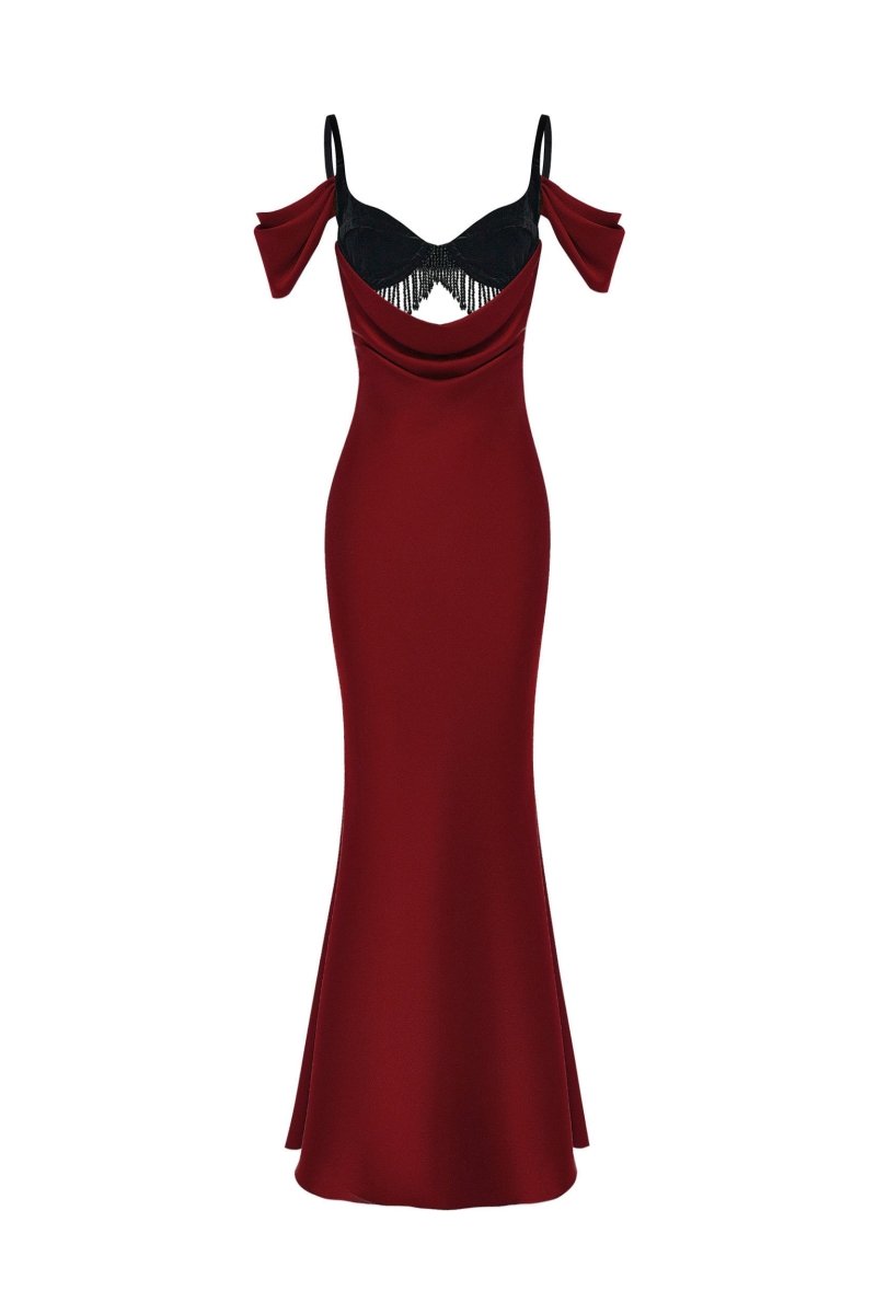 Satin and velvet fringed midi dress – Rasario