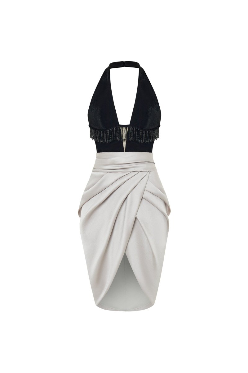 Satin and velvet fringed mini dress – Rasario