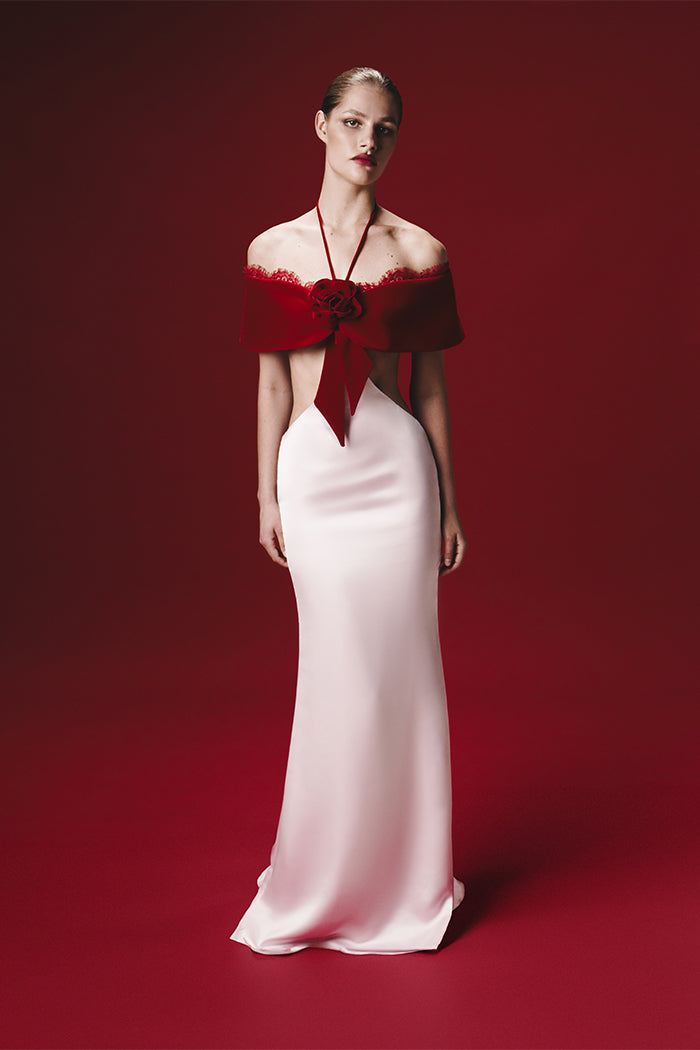 Satin and velvet maxi dress with a flower – Rasario