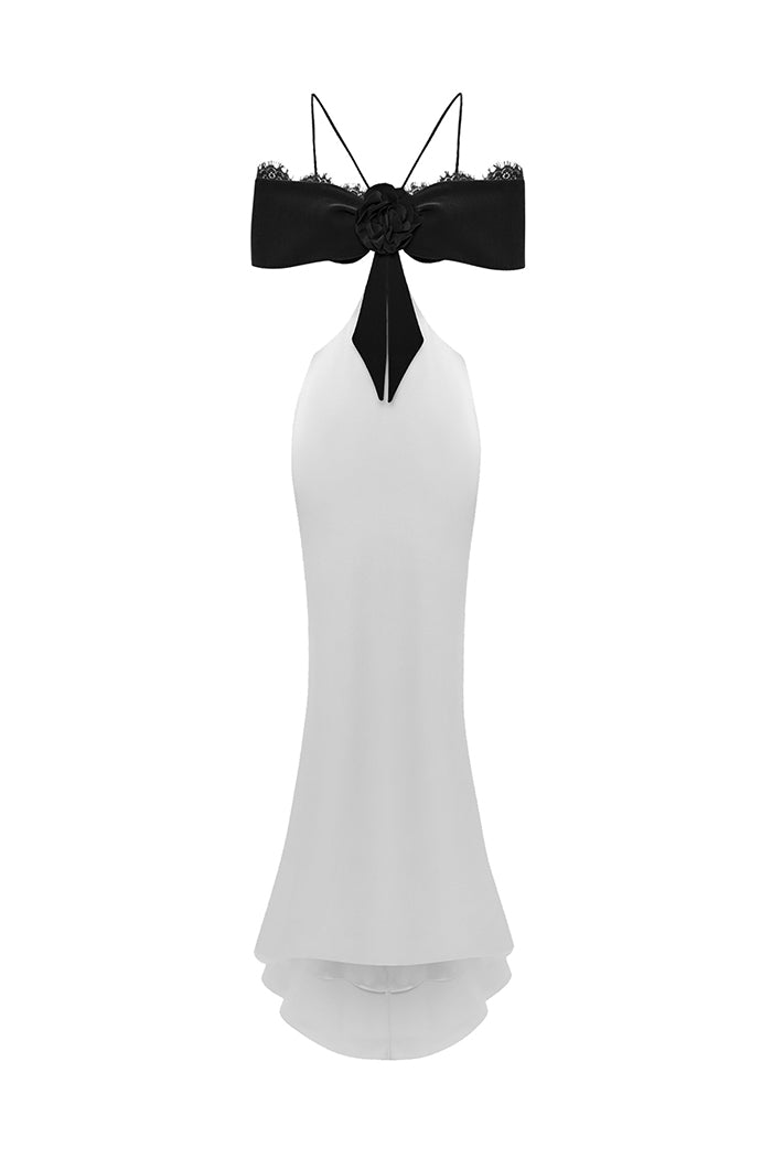 Satin and velvet maxi dress with a flower – Rasario