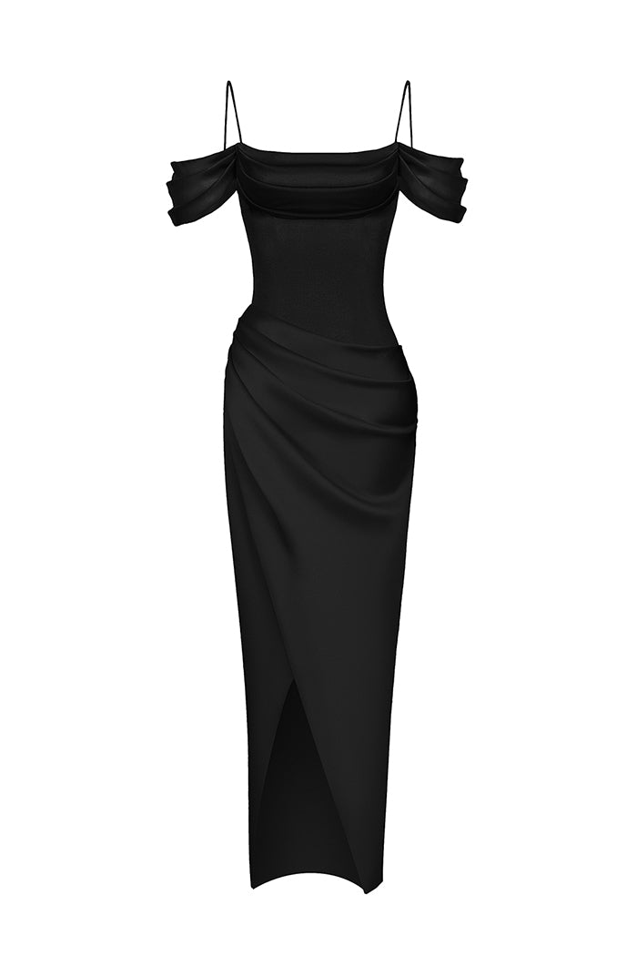 Satin draped off-the-shoulders long midi dress – Rasario