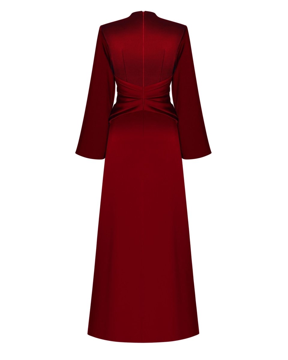 Satin front-slit maxi dress with draped belt – Rasario
