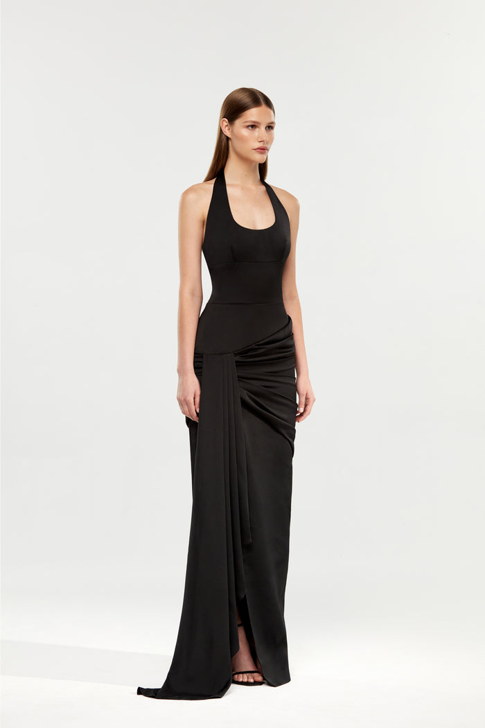 Satin maxi dress with a train – Rasario