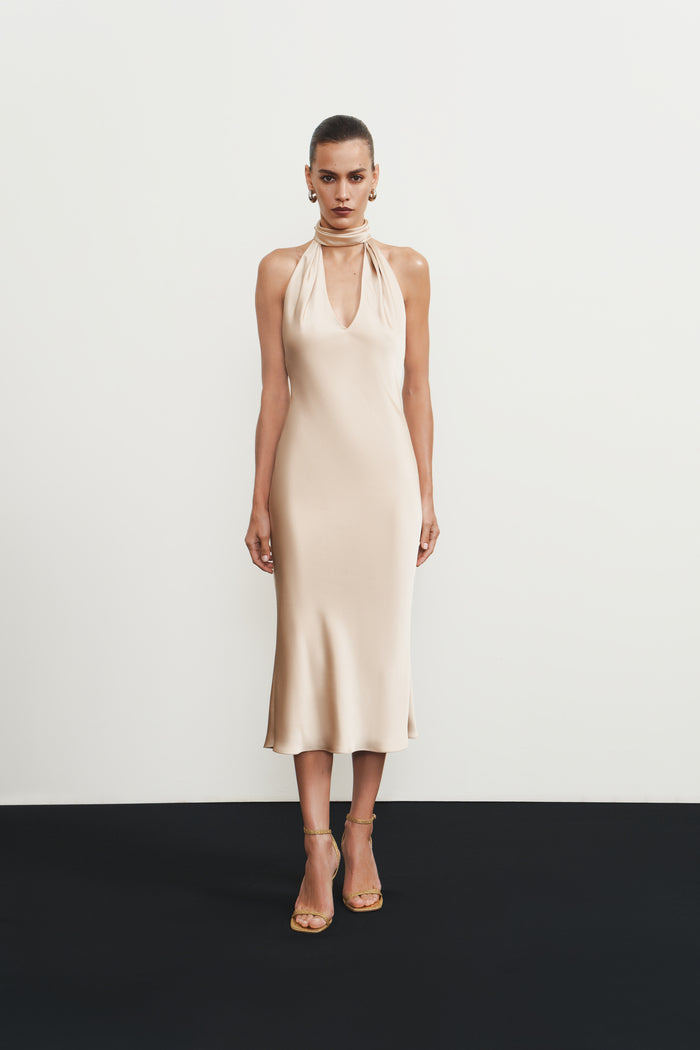 Satin midi dress with a cutout – Rasario