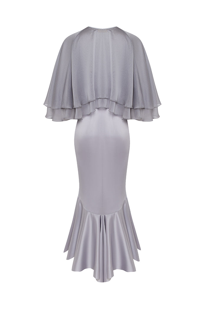 Satin midi dress with a flower and cropped cape – Rasario