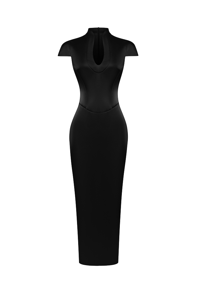 Satin midi dress with a side slit – Color: Black – RASARIO Online Boutique 36 (FR) / Black