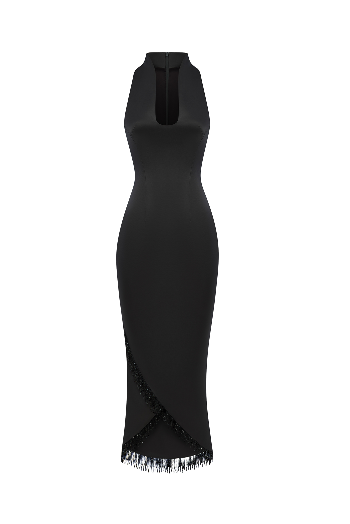 Satin midi dress with fringe trim – Rasario