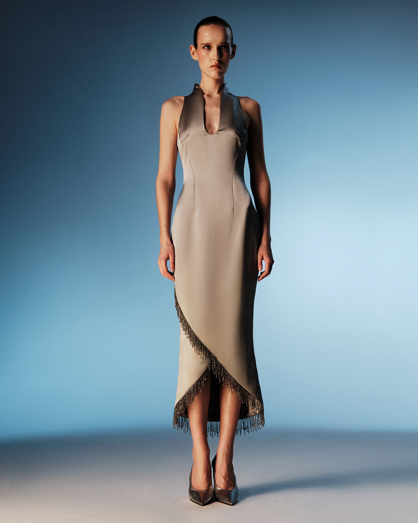 Satin midi dress with fringe trim – Rasario