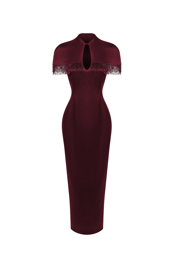 Satin midi dress with fringe trim – Color: Burgundy – RASARIO Online Boutique 46 (FR) / Burgundy