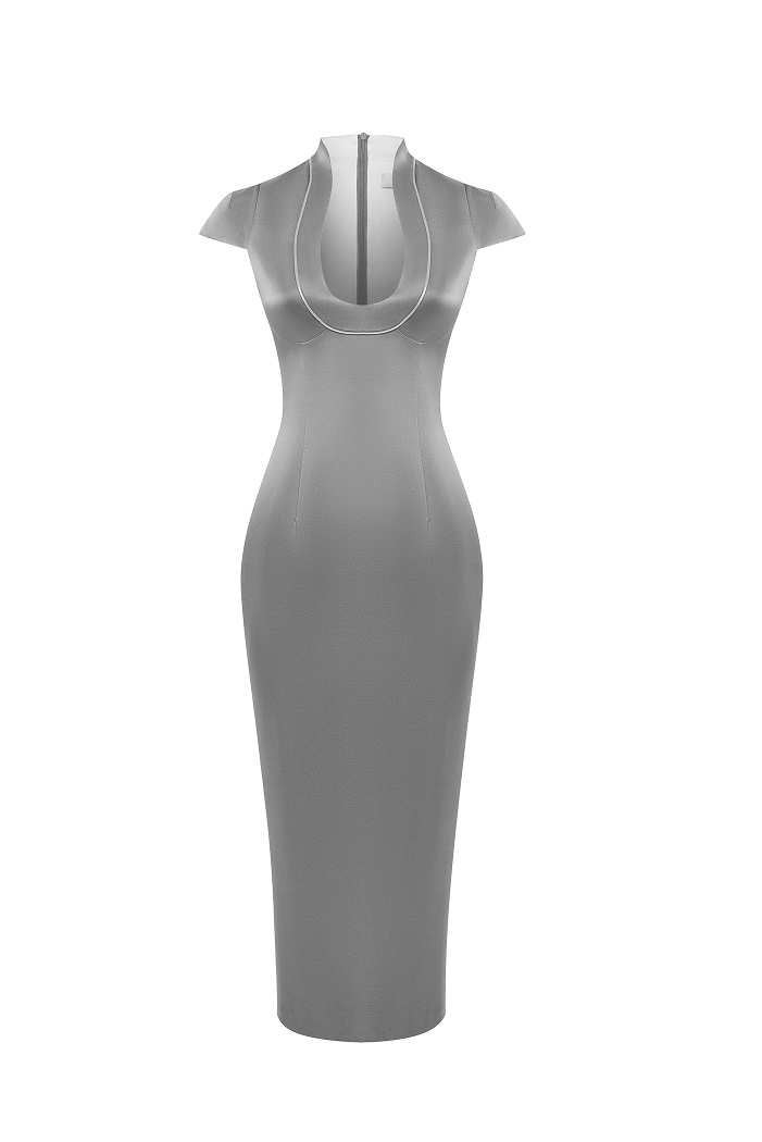 Satin midi dress with piping trim – Color: Grey – RASARIO Online Boutique 46 (FR) / Grey