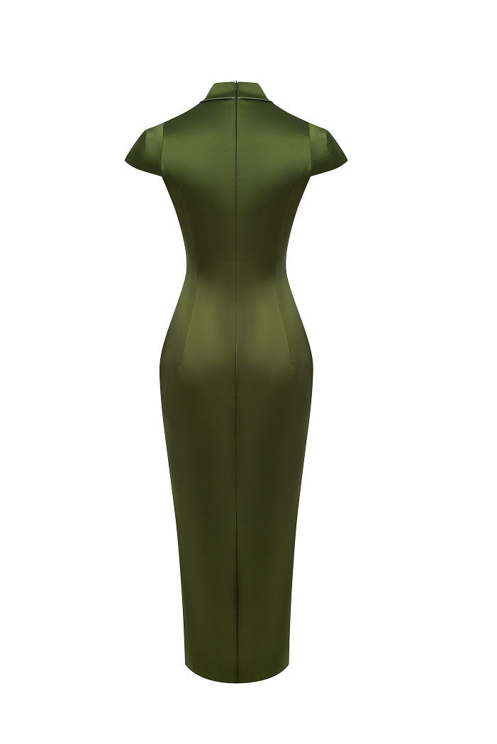 Satin midi dress with piping trim – Rasario