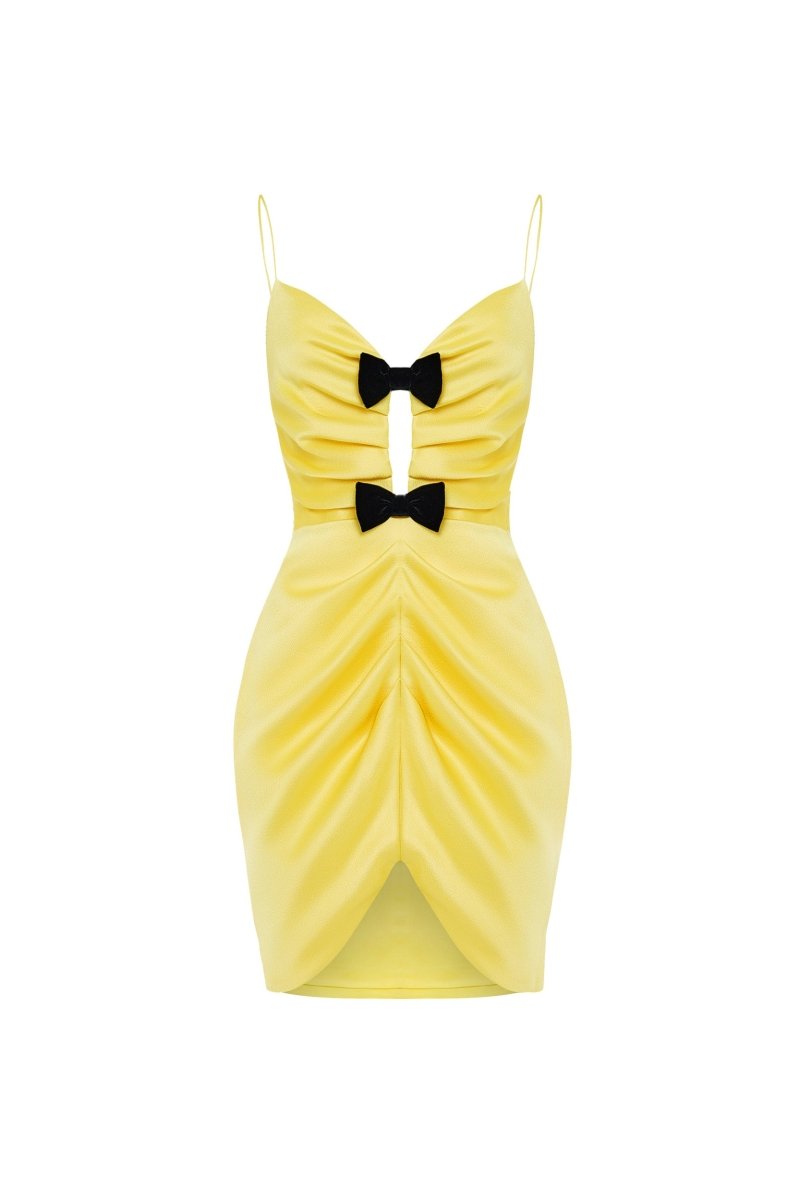 Satin mini dress with velvet bows and cutouts – Color: Yellow – RASARIO Online Boutique