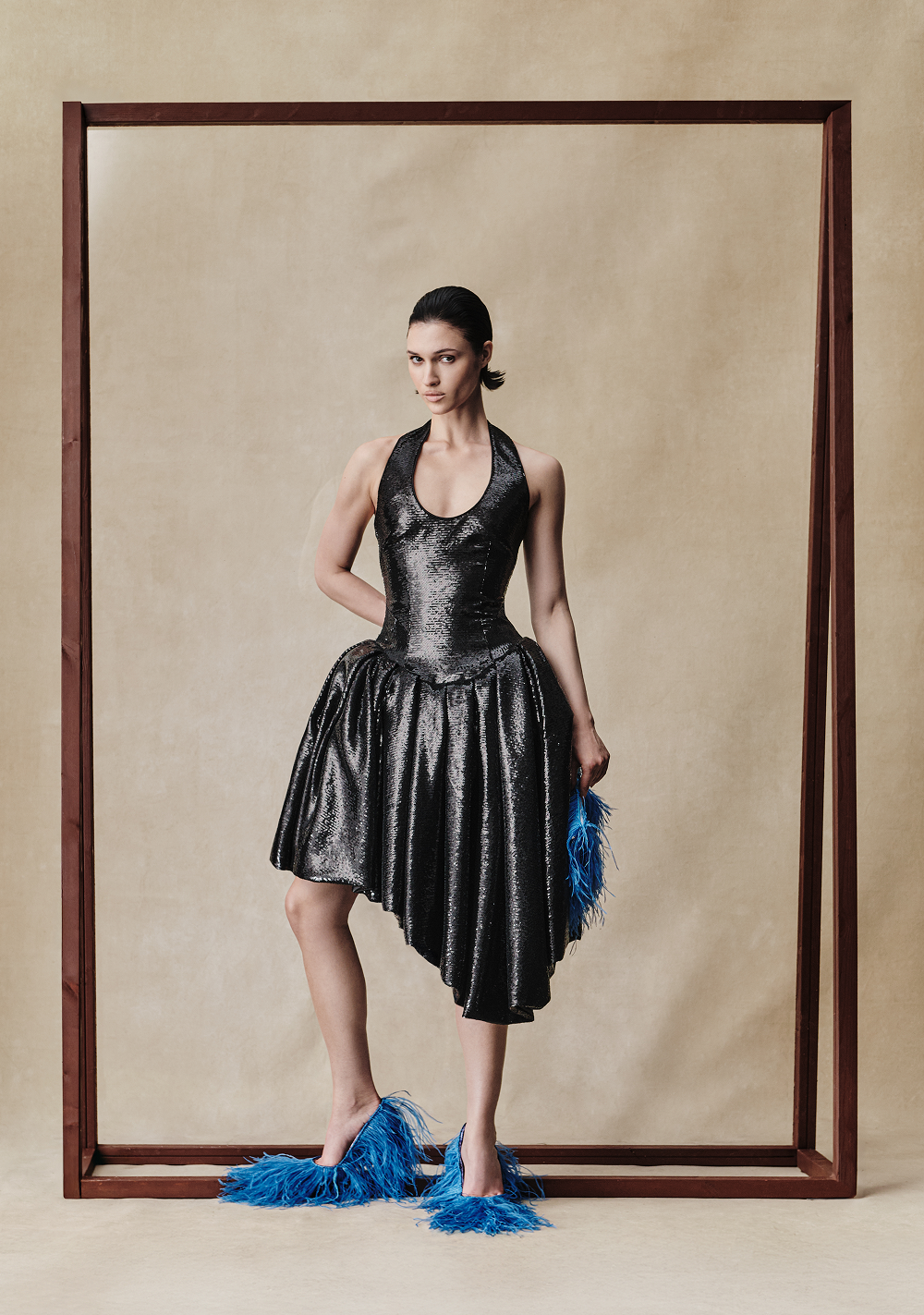 Sequin midi dress with asymmetric voluminous skirt – Rasario