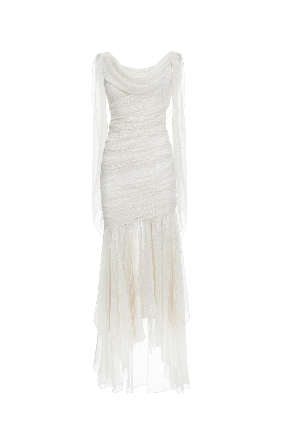 Silk and lurex maxi dress with cowl neckline and ruffles – Rasario