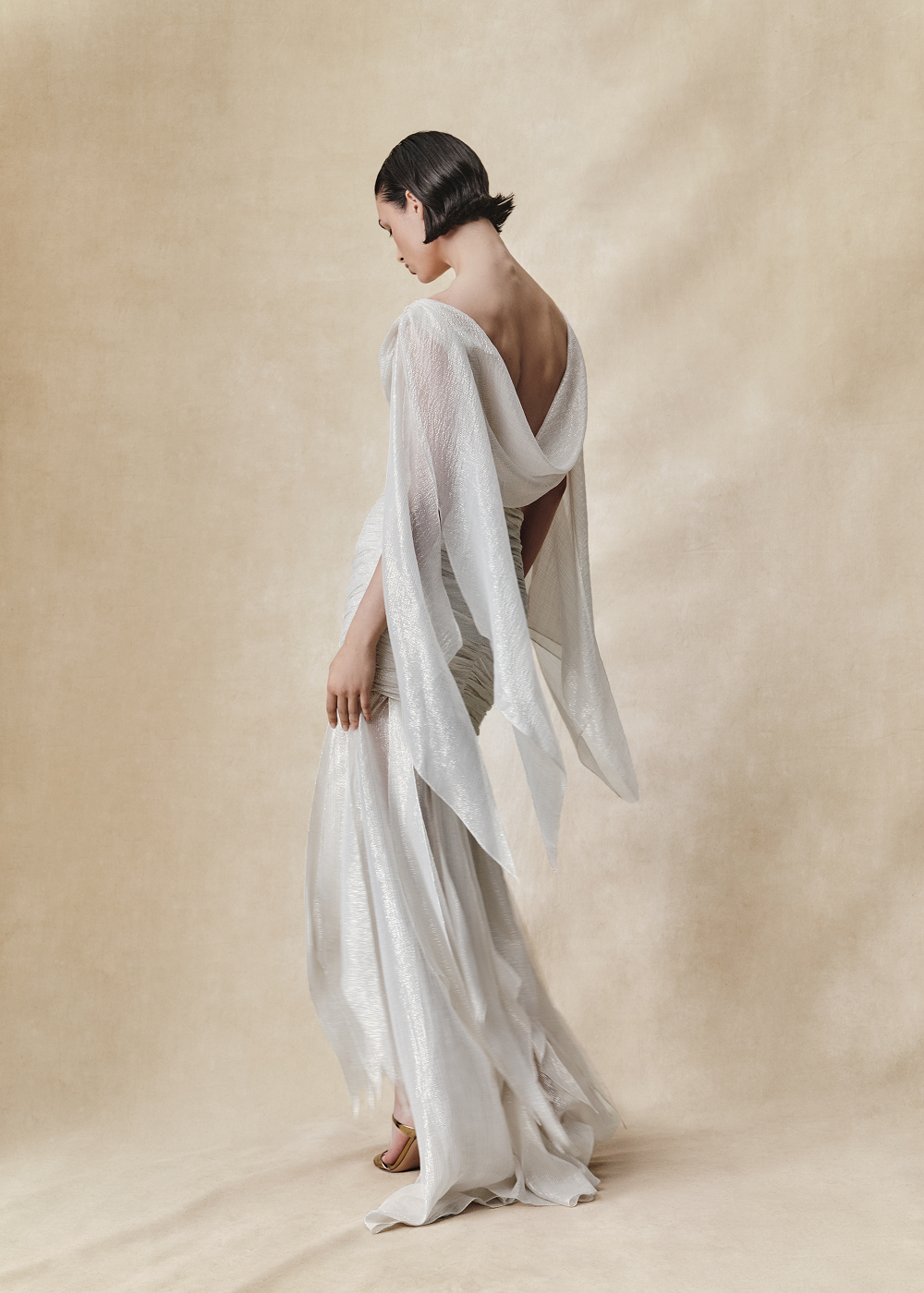 Silk and lurex maxi dress with cowl neckline and ruffles – Rasario