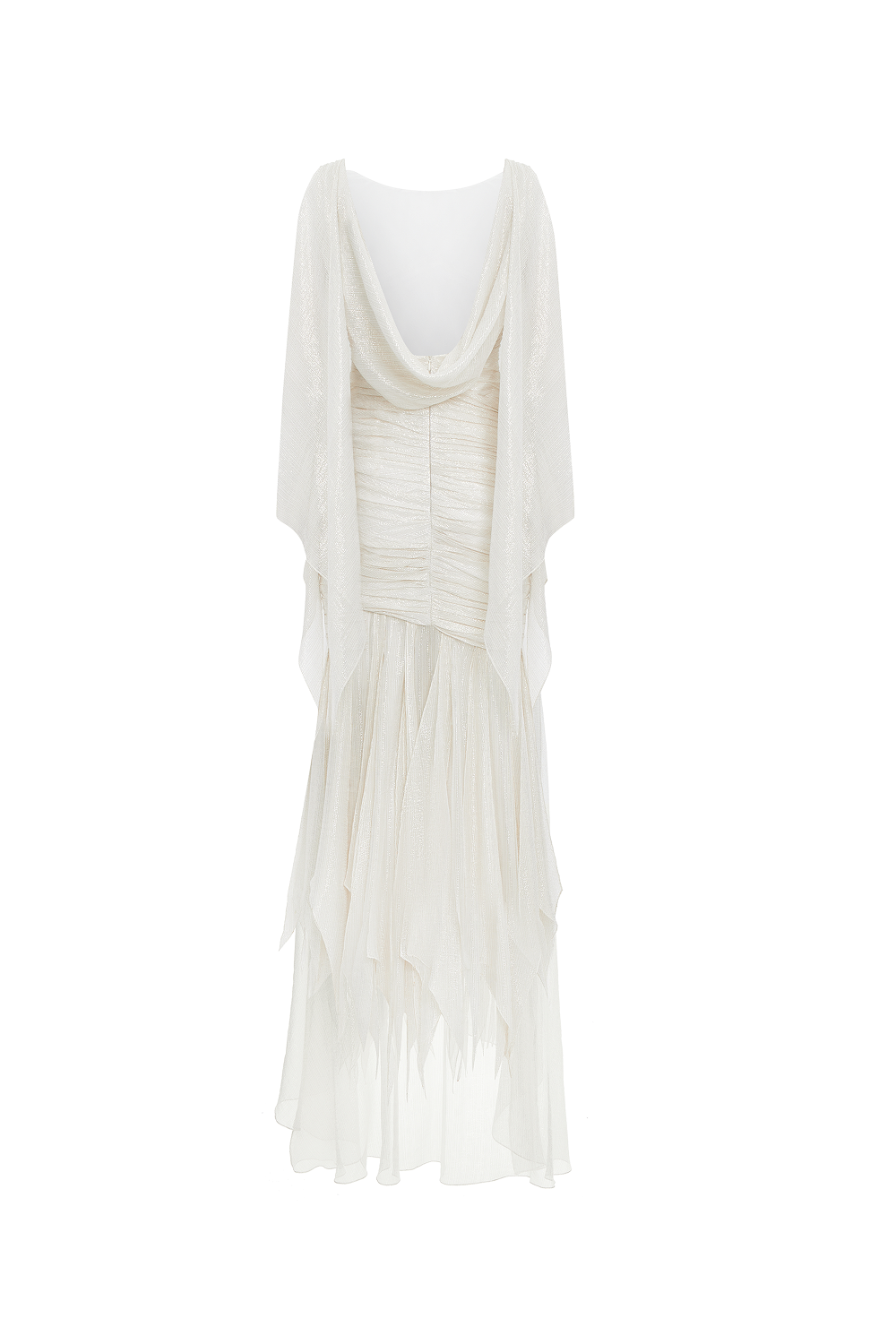 Silk and lurex maxi dress with cowl neckline and ruffles – Rasario