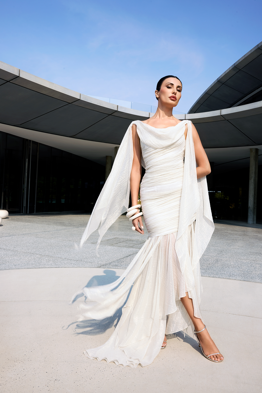 Silk and lurex maxi dress with cowl neckline and ruffles – Rasario