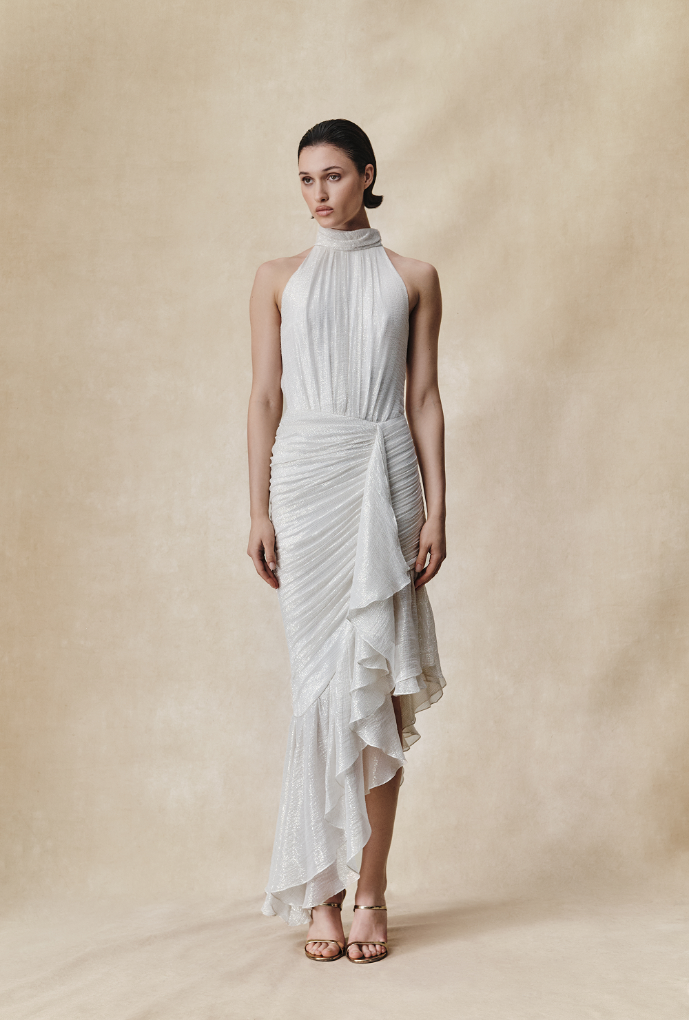 Silk chiffon and lurex maxi dress with asymmetric ruffles – Rasario