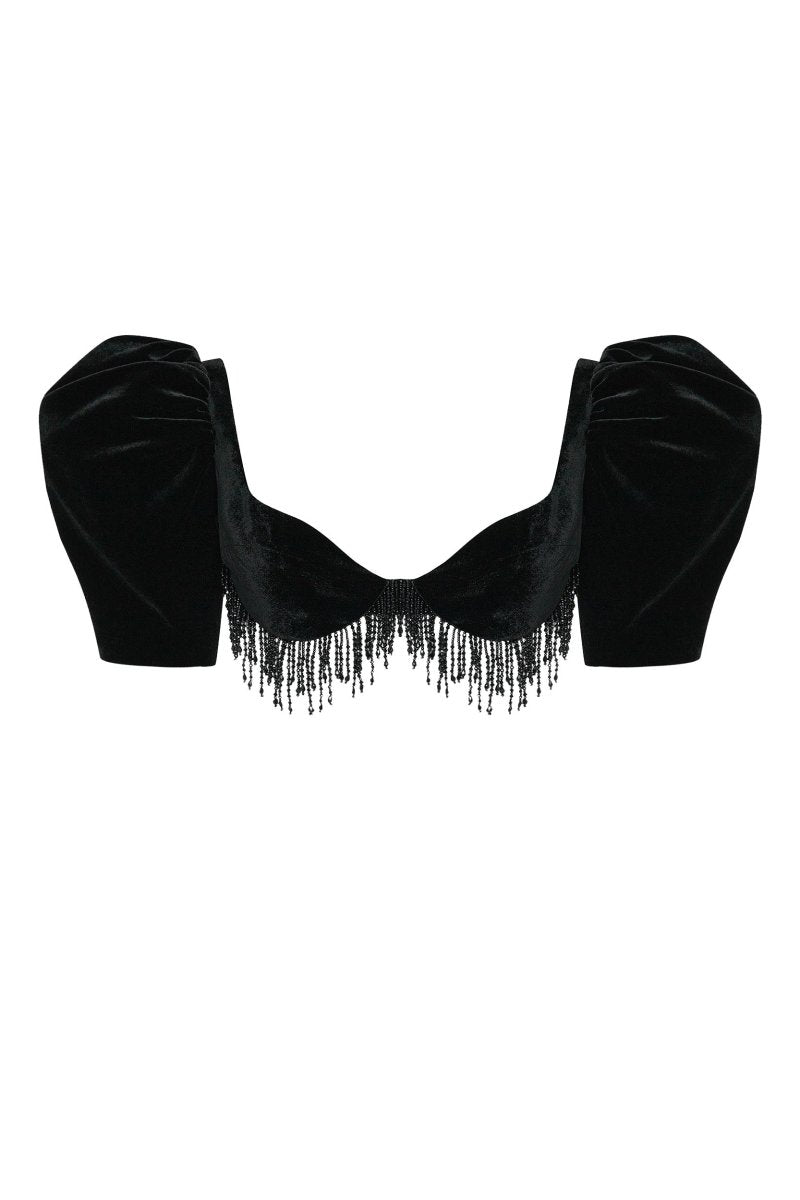 Velvet cropped fringed top with voluminous sleeves – Rasario