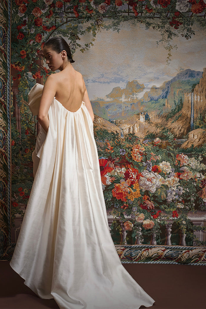 Wild silk maxi dress with an overskirt train and a voluminous bow – Rasario