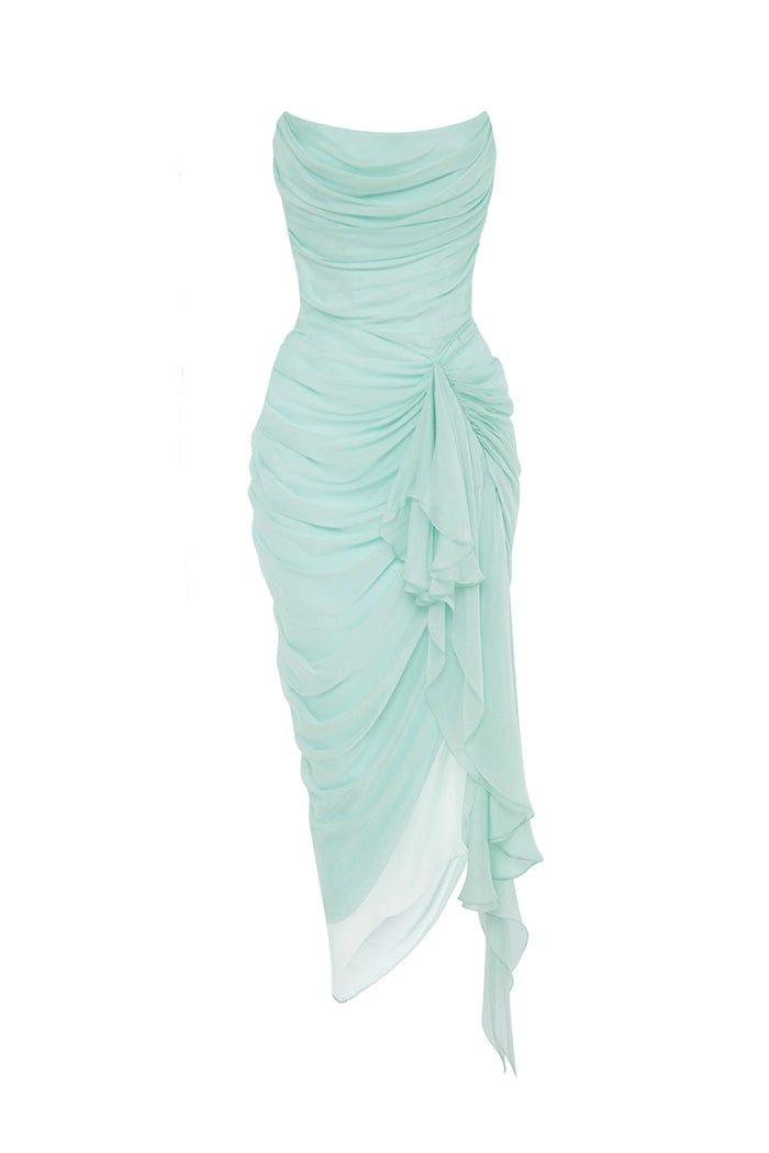 white christmas dresses Saphira Embellished Cut-Out Draped Corset Gown in White main image 0