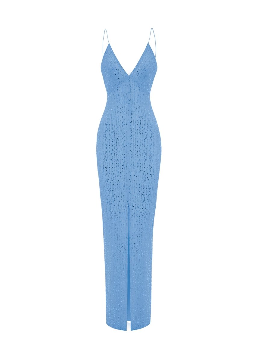 Crystal-embellished Chiffon Maxi Dress with A Slit 44 (FR) / Blue / Adults