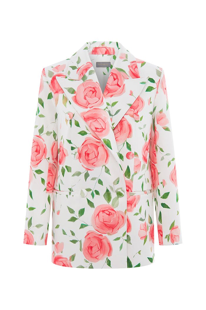Double-Breasted Floral Printed Satin Blazer 46 (FR) / Light Pink/White