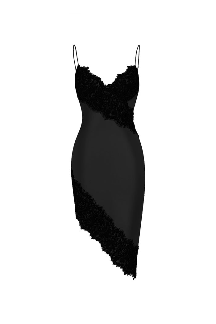 Asymmetric satin and lace mini dress