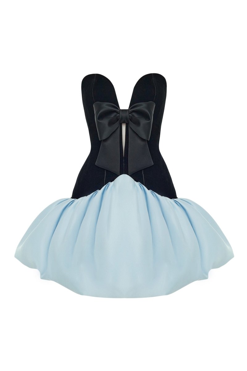 Satin and velvet corset mini dress with voluminous skirt