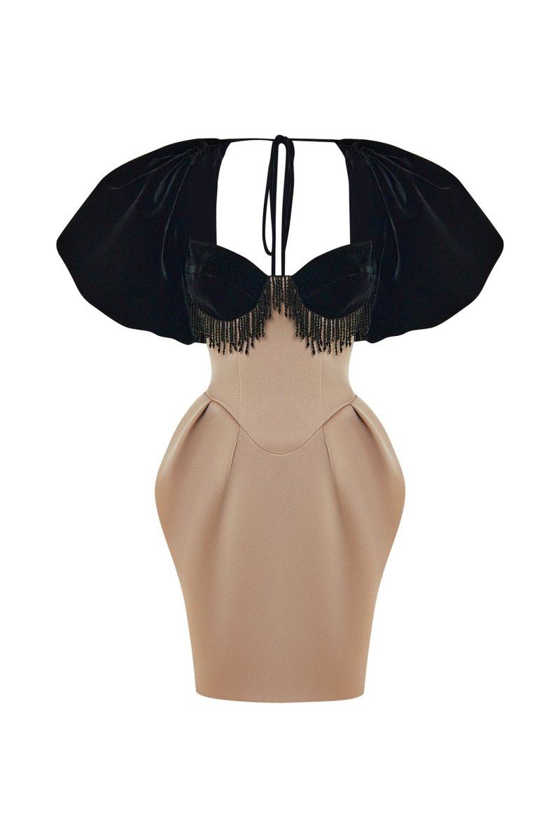 Satin and velvet fringed mini dress with voluminous sleeves 36 (FR) / Black/Beige Satin and velvet fringed mini dress with voluminous sleeves 36 (FR) / Black/Beige