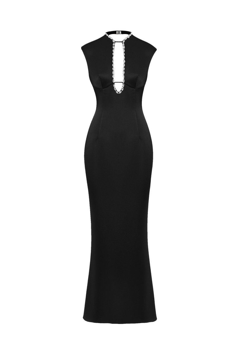 Crystal-embellished satin midi dress with cutout