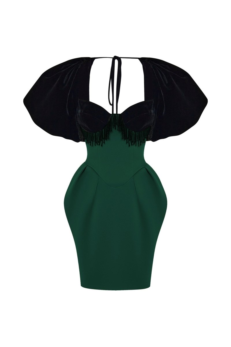 slim fit dress slacks Satin and Velvet Fringed Mini Dress with Voluminous Sleeves 40 (FR) / Black/Dark Green