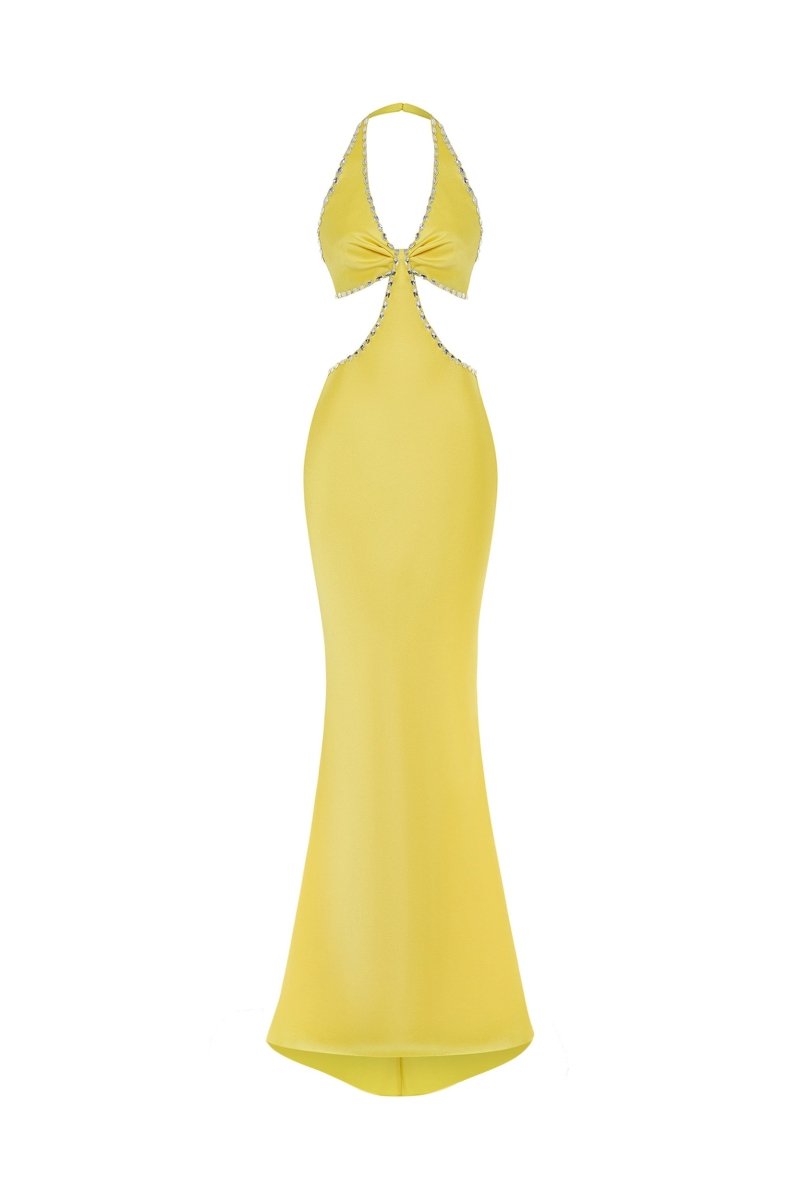 Crystal-embellished satin maxi dress with cutouts