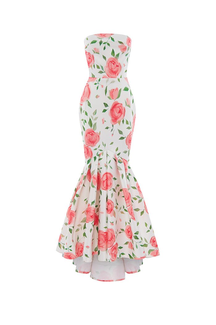 Pink and Red Floral White Maxi Dress