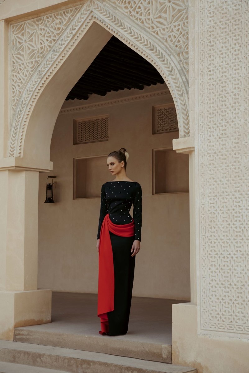 Embroidered satin maxi dress with drapery and train