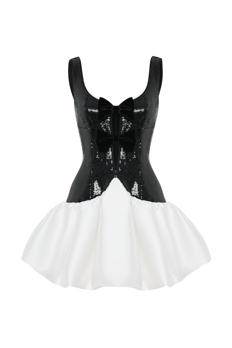 Sequinned satin mini dress with voluminous skirt