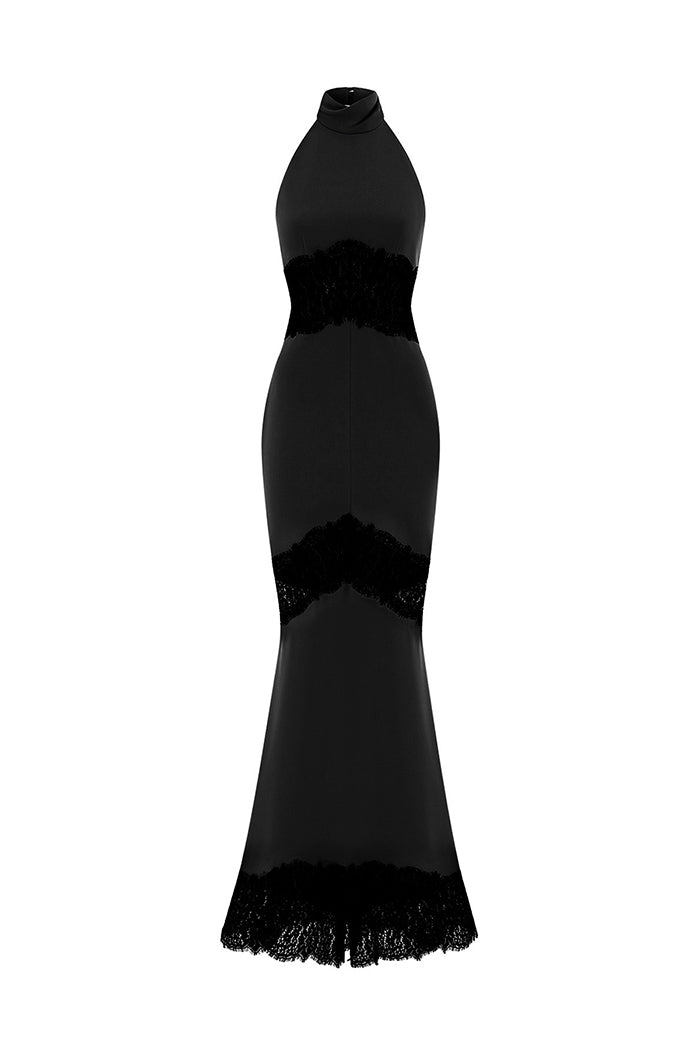 Crepe and lace maxi dress with cutouts
