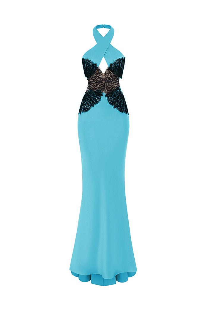 Halterneck satin and lace maxi dress with cutouts 46 (FR) / Turquoise /Black Halterneck satin and lace maxi dress with cutouts 46 (FR) / Turquoise /Black