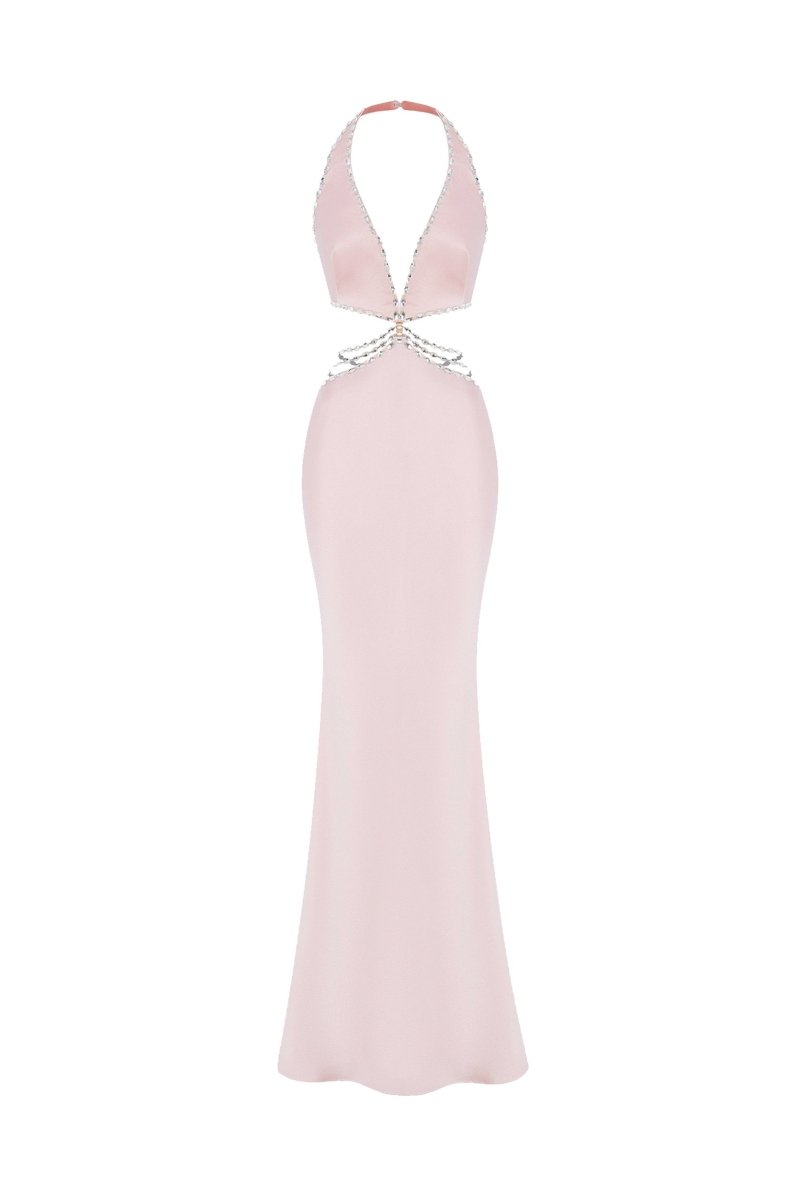 Crystal-embellished satin maxi dress with cutouts light pink 001DX029 –  RASARIO