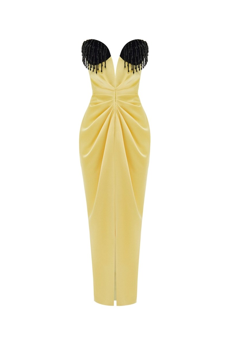 Satin and velvet fringed corset midi dress