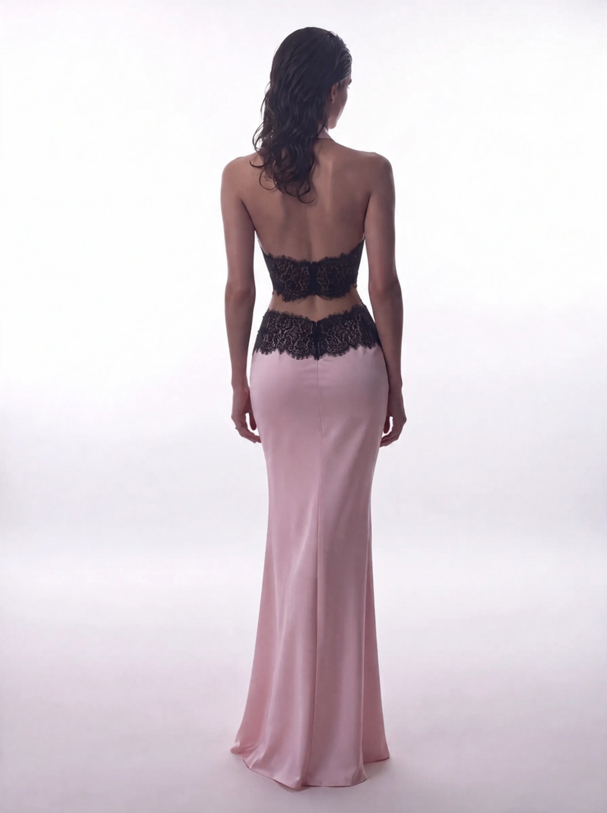 Halterneck satin and lace maxi dress with cutouts