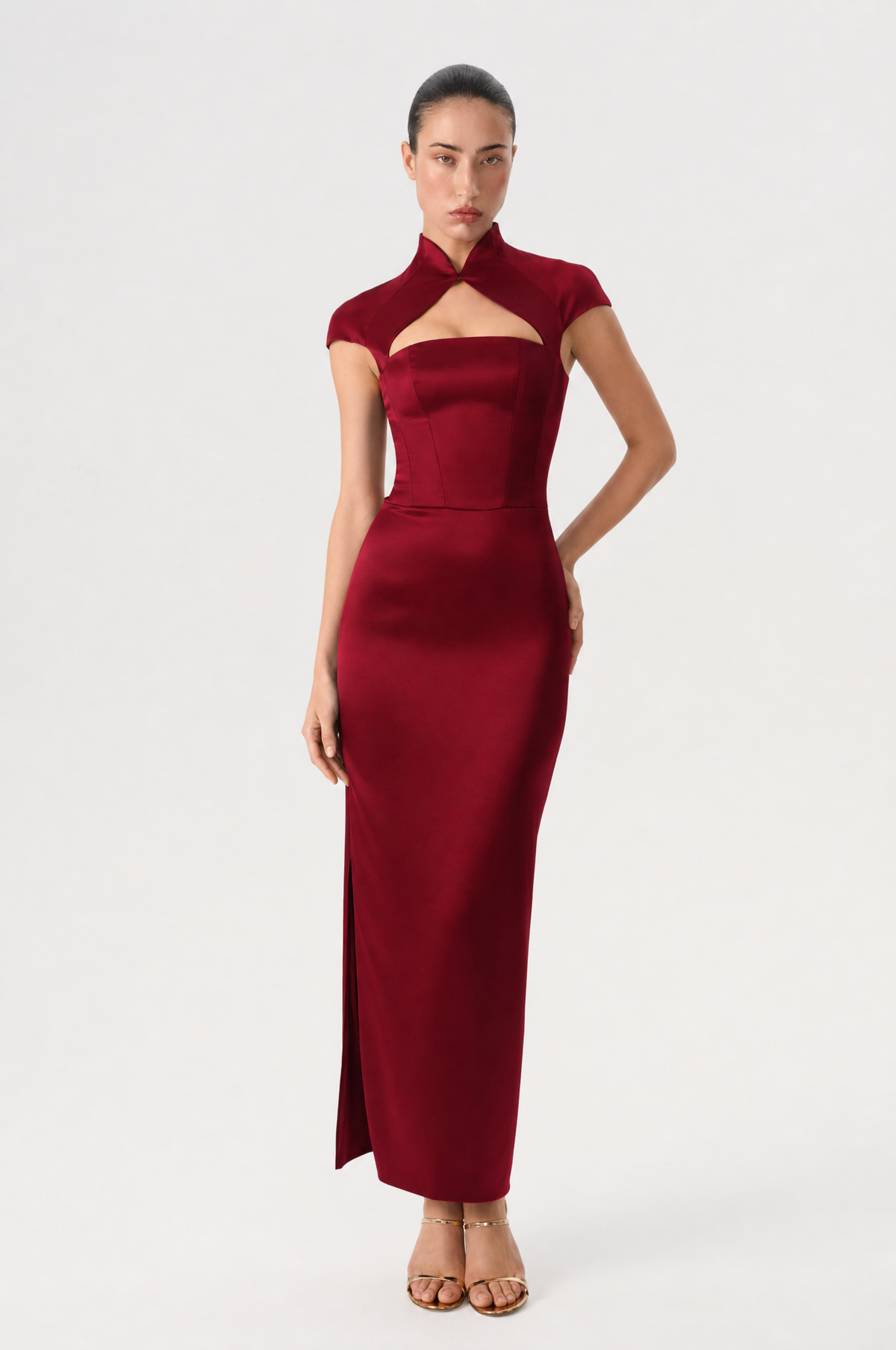 Long midi corset satin dress with a side slit