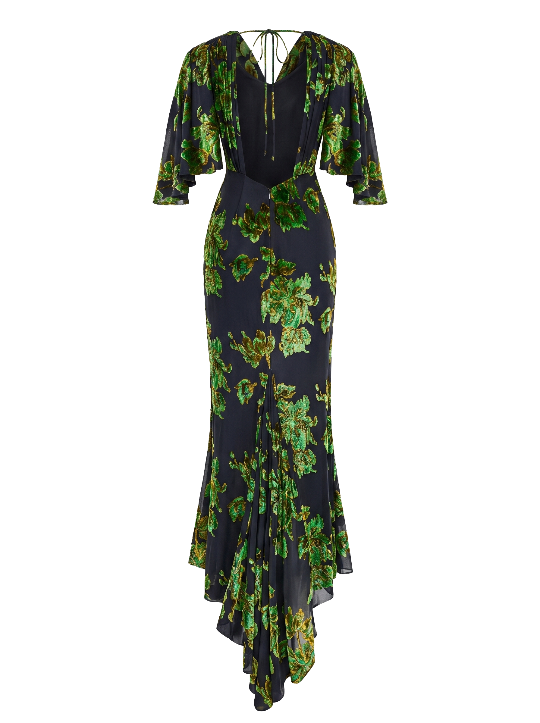 Devoré velvet maxi dress with cowl back and train