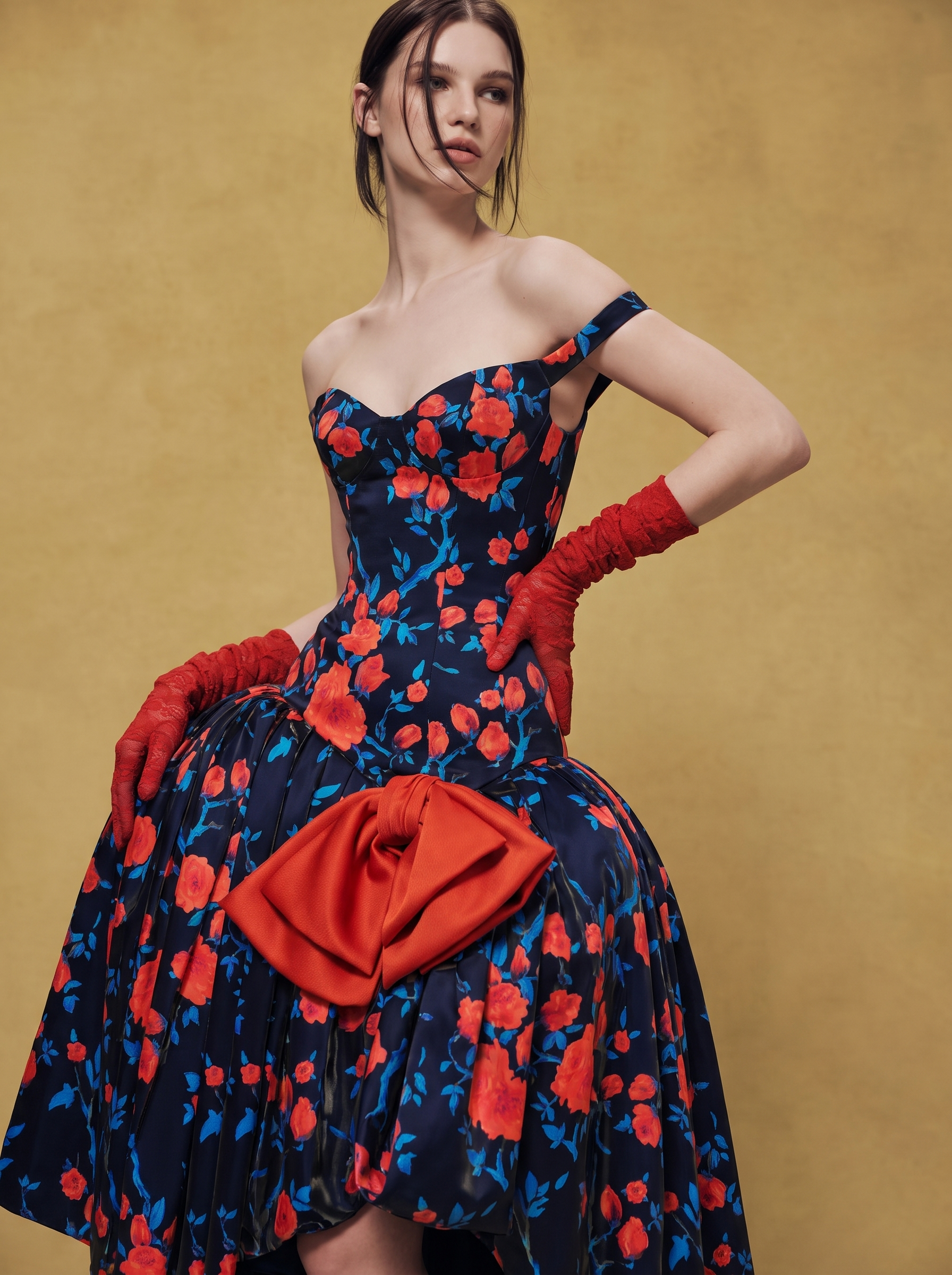 Floral Satin Midi Dress with Sculptural Bow