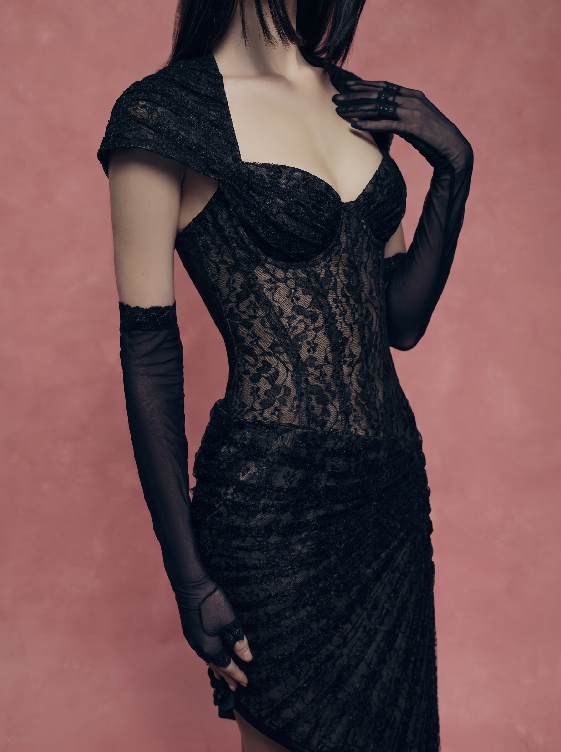 Lace midi dress with a shaped neckline