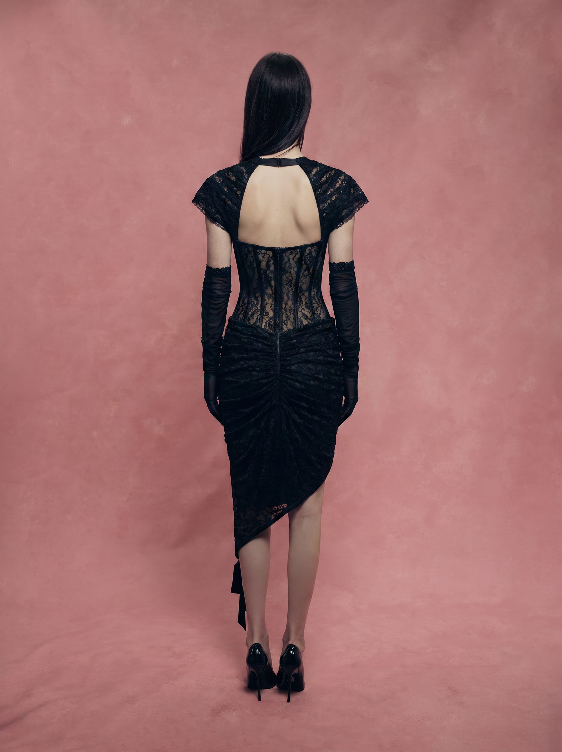 Lace midi dress with a shaped neckline