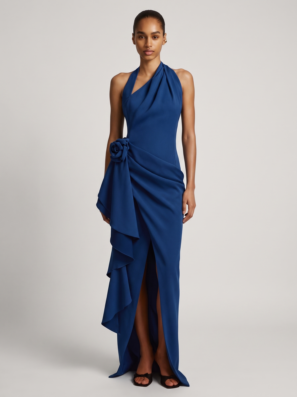 Flower embellished satin maxi dress