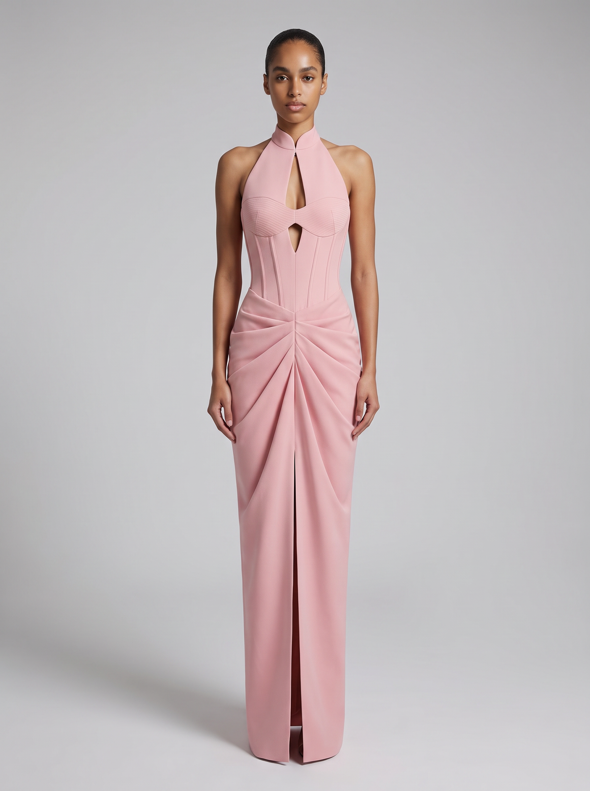Draped satin long midi dress with cutout