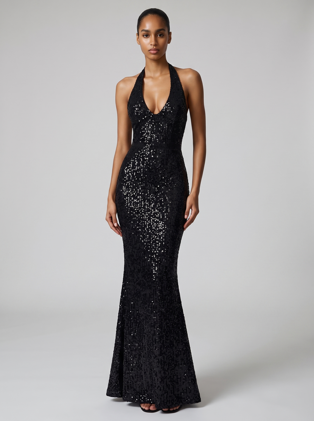Sequined maxi dress with train