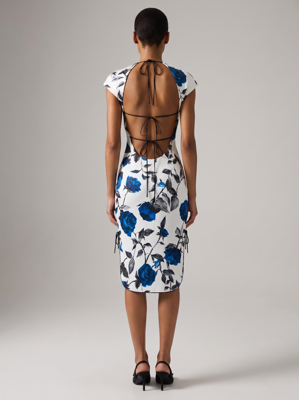 Printed satin long midi dress with an opened back